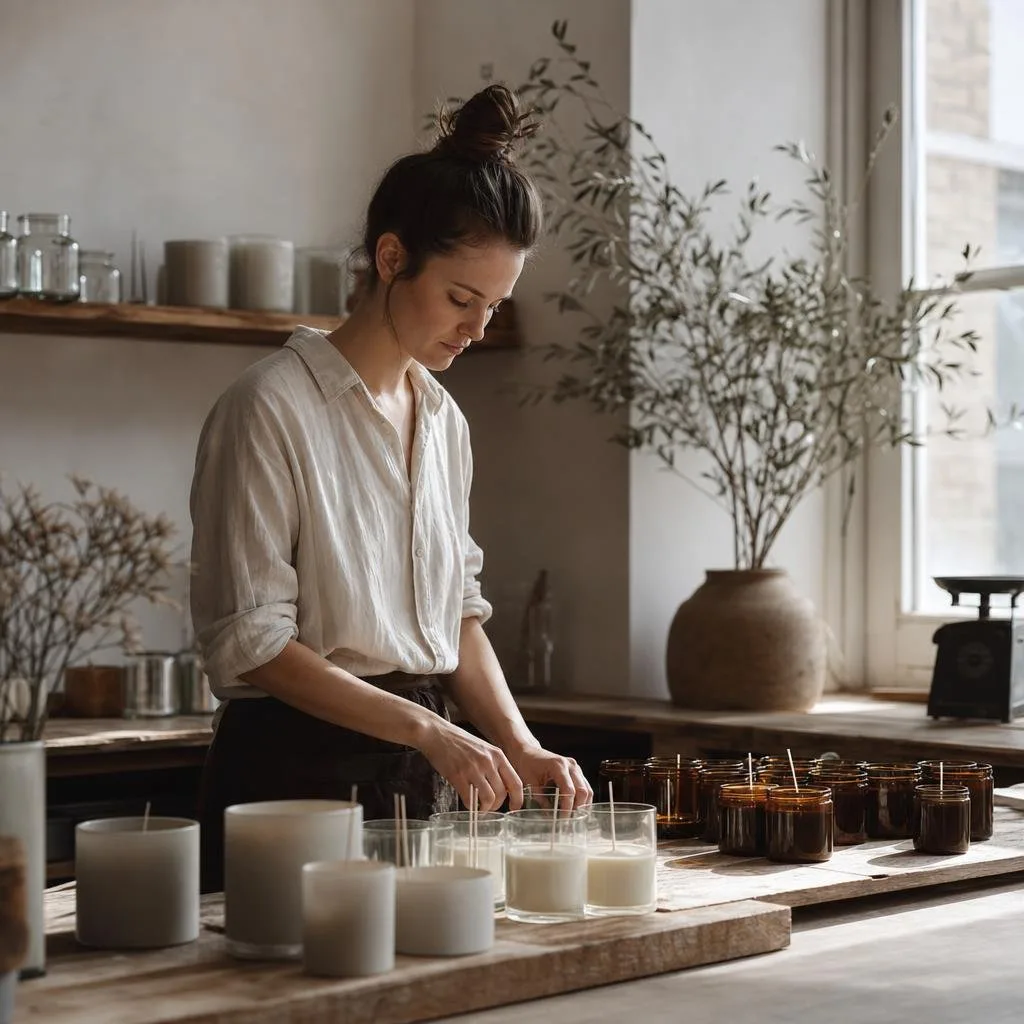Quiet studio workspace with candles curing in warm natural light