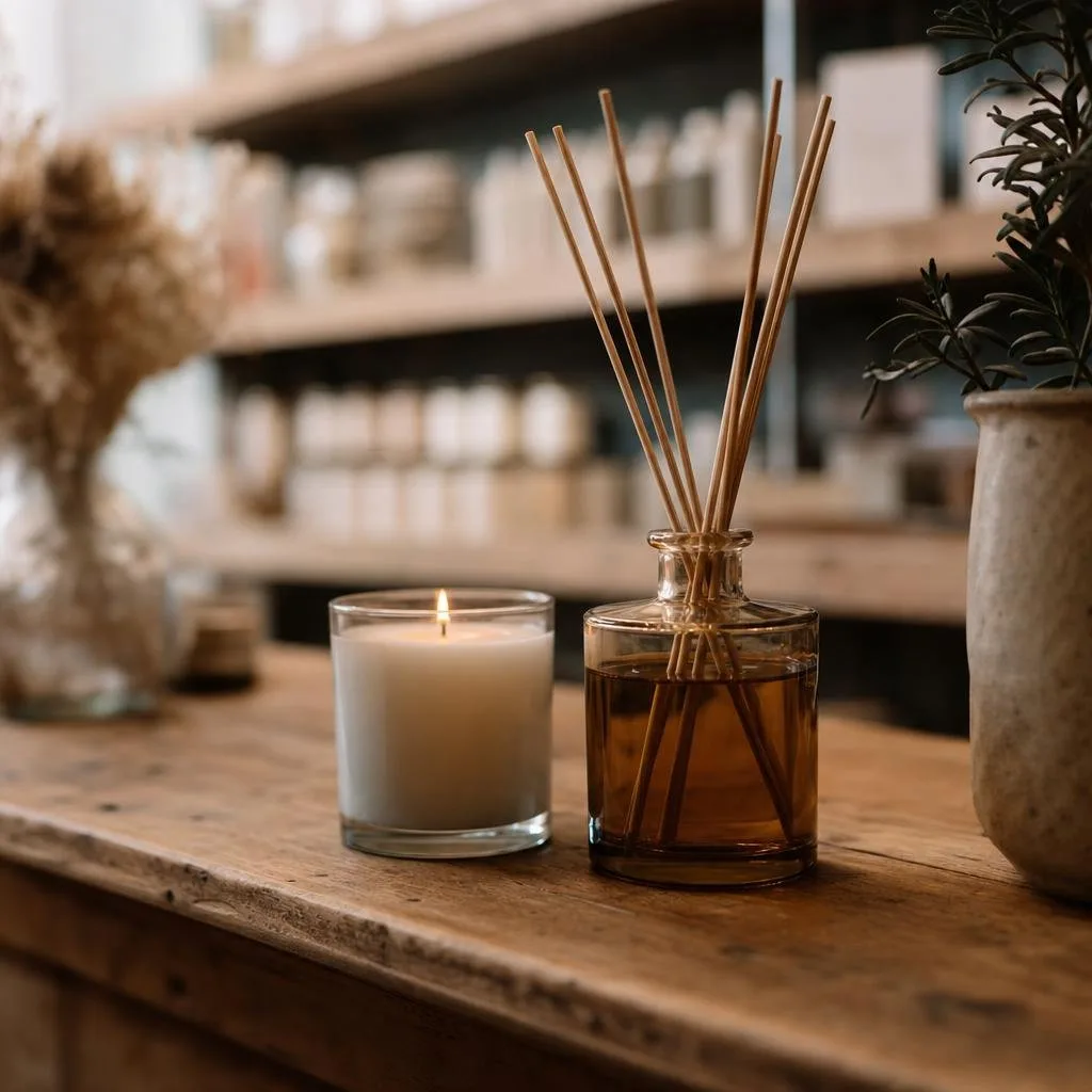 A lit candle and a reed diffuser on a warm wooden counter