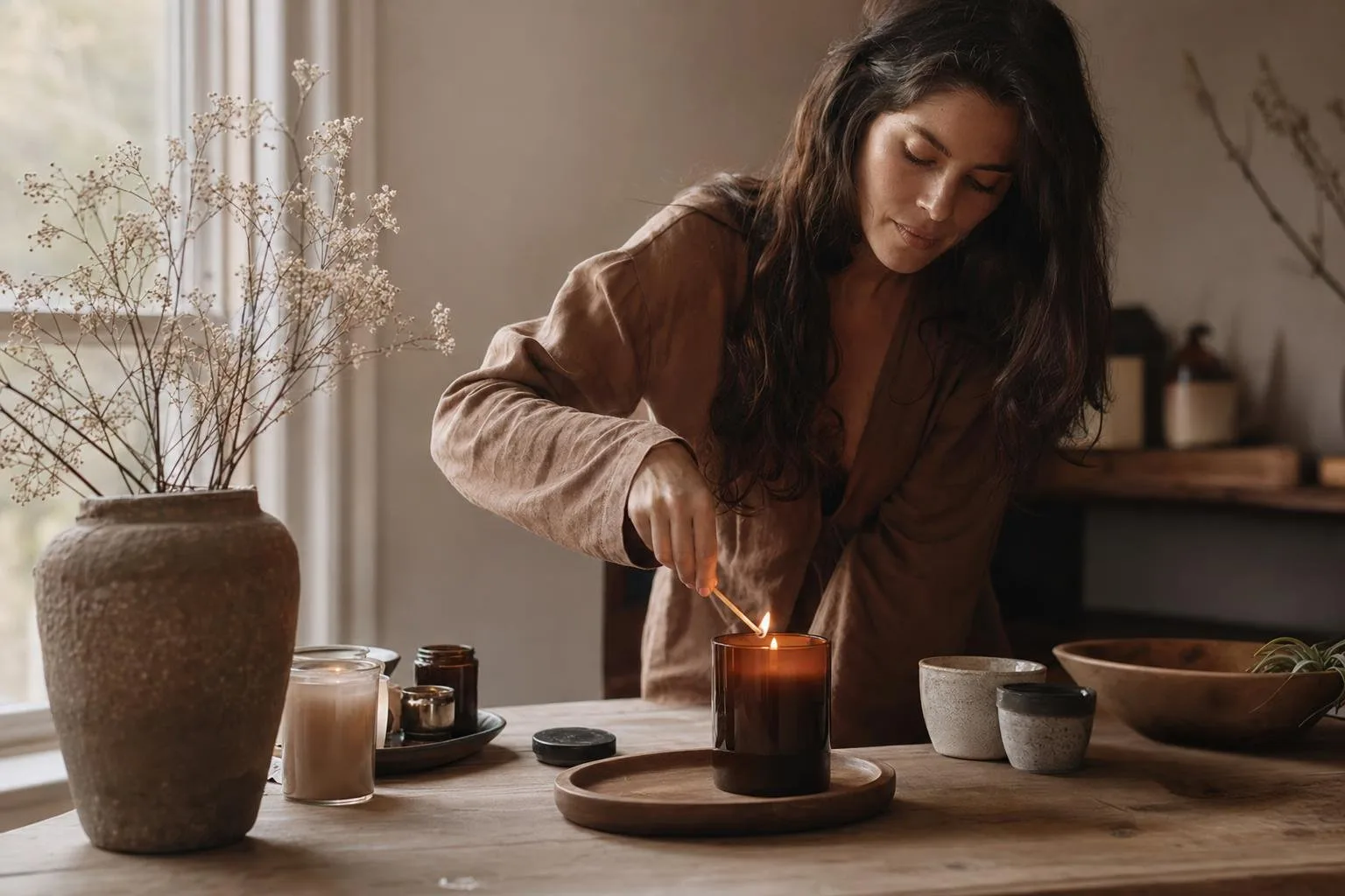Warm, lamplit room with a lit candle glowing on a wooden table